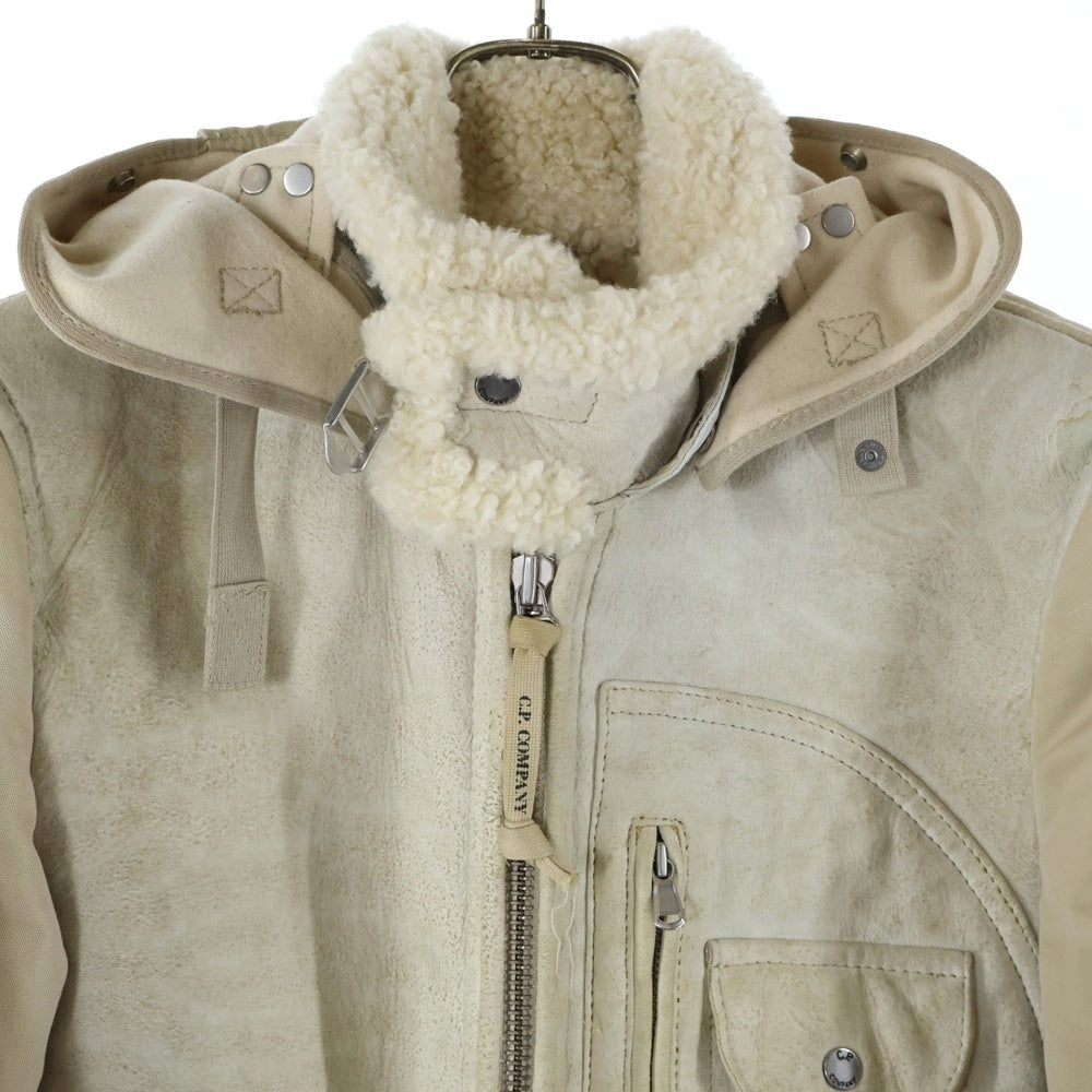 C.P. Company(シーピーカンパニー) 06AW Goggle Shearling Leather Jacket ゴーグル シアリング ムートン スエードレザー ボアライニング フーデッド ジップアップ ジャケット ベージュ 45184Q59