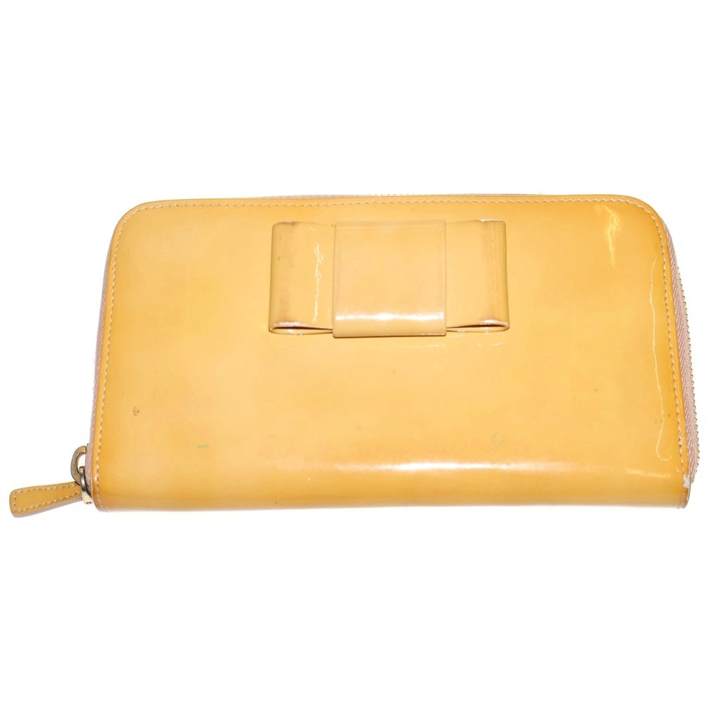 miumiu(ミュウミュウ) リボン ラウンドファスナー長財布 ロングウォレット イエロー パテント エナメル
