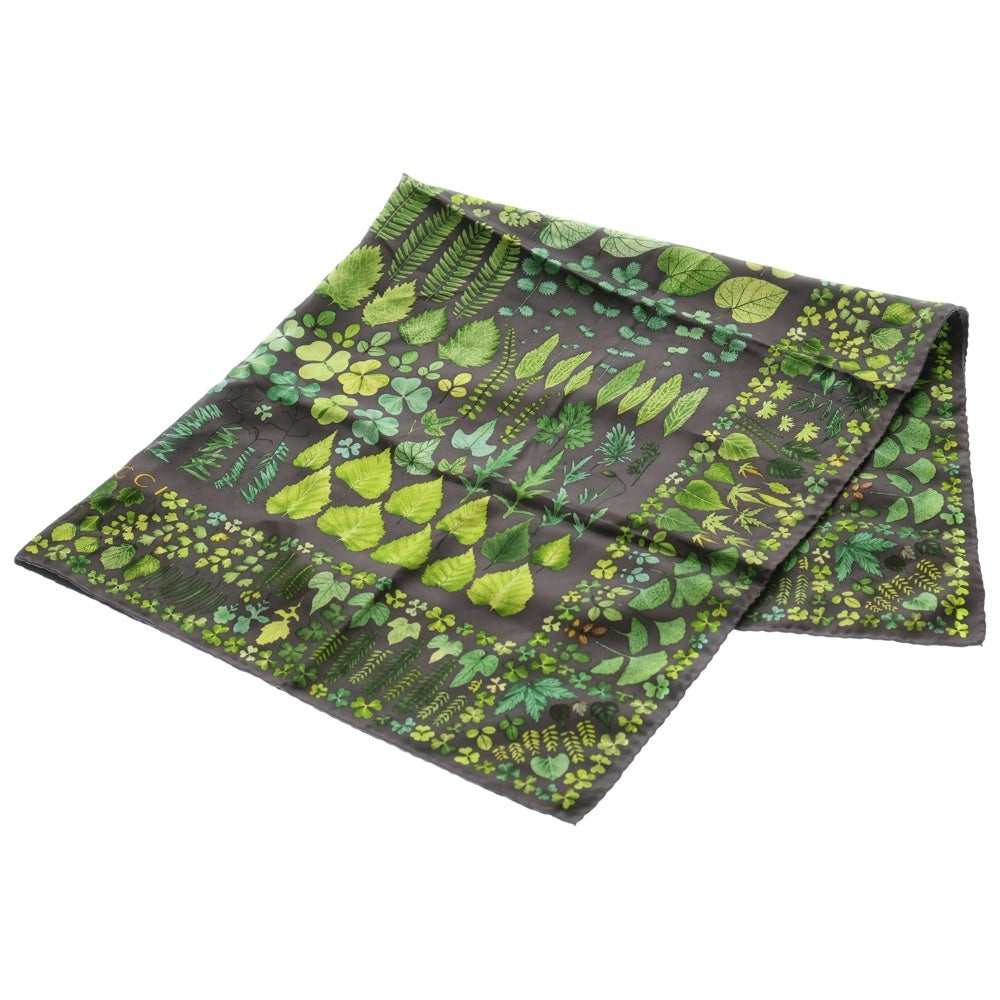 GUCCI(グッチ) 大判スカーフ シルク リーフ柄 グレー×グリーン