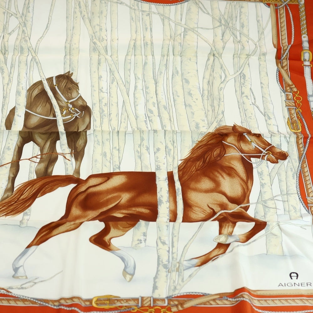 AIGNER(アイグナー) ホース柄 スカーフ オレンジ×ホワイト