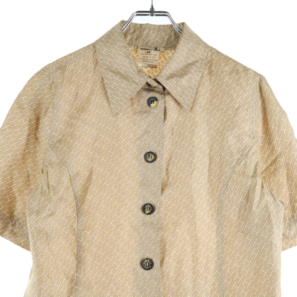 HERMES(エルメス) Hロゴ総柄プリント シルク 半袖シャツ ベージュ レディース