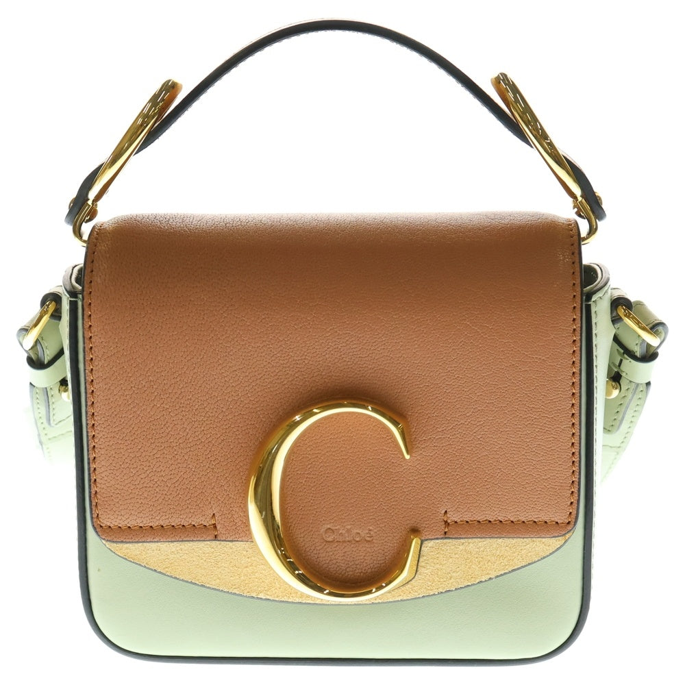Chloe(クロエ) クロエC ロゴプレート コンビレザー 2WAY ハンド ショルダーバッグ ゴールド金具 ブラウン/ライトグリーン