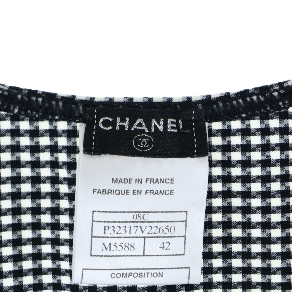 CHANEL(シャネル) 08C クルーズコレクション ココマークロゴプレート チェック総柄 ノースリーブ チュニック カットソー ワンピース ブラック/ホワイト レディース P32317V22650