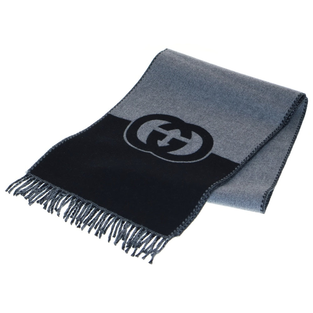 GUCCI(グッチ) インターロッキングG マフラー ブラック×グレー ウール×カシミヤ 715497