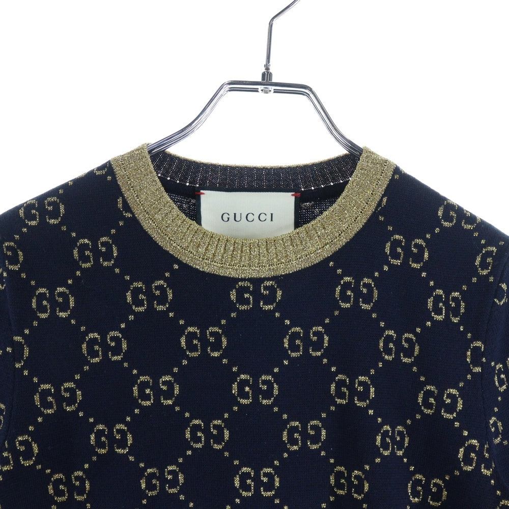 GUCCI(グッチ) GGコットンラメ ニット 半袖Tシャツ ネイビー×ゴールド 526759