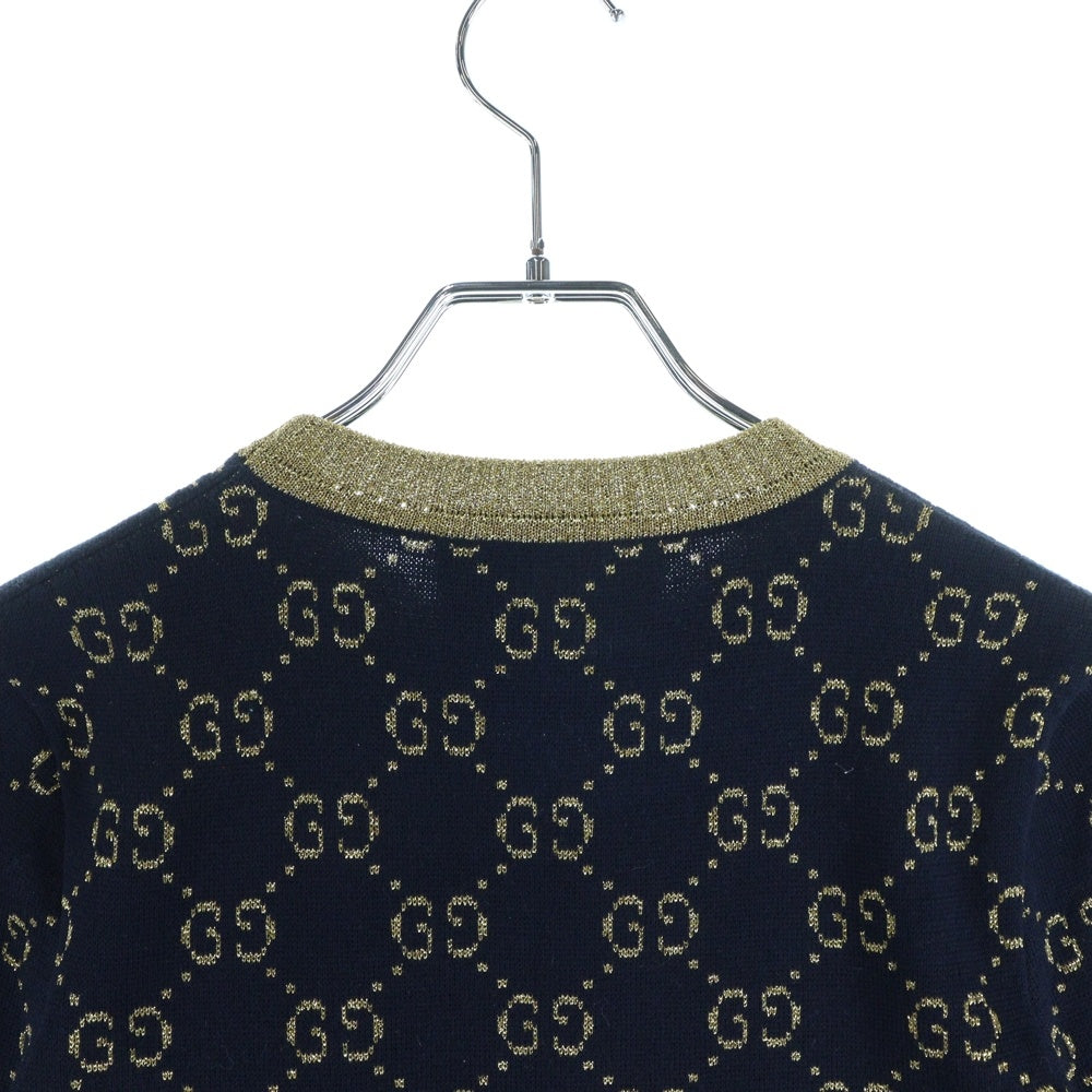 GUCCI(グッチ) GGコットンラメ ニット 半袖Tシャツ ネイビー×ゴールド 526759