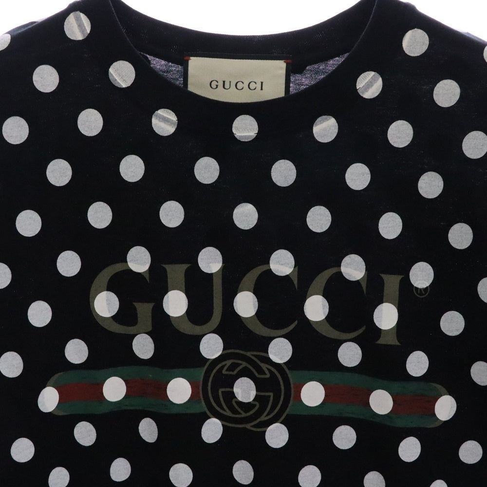 GUCCI(グッチ) ドット総柄 インターロッキングG ヴィンテージロゴ プリント クルーネック 半袖Tシャツ カットソー ブラック 615044