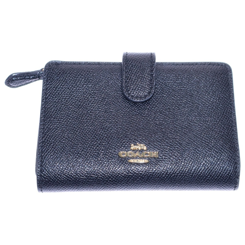 COACH(コーチ) コンパクトウォレット 二つ折り財布 カードケース ブラック レザー ゴールド金具
