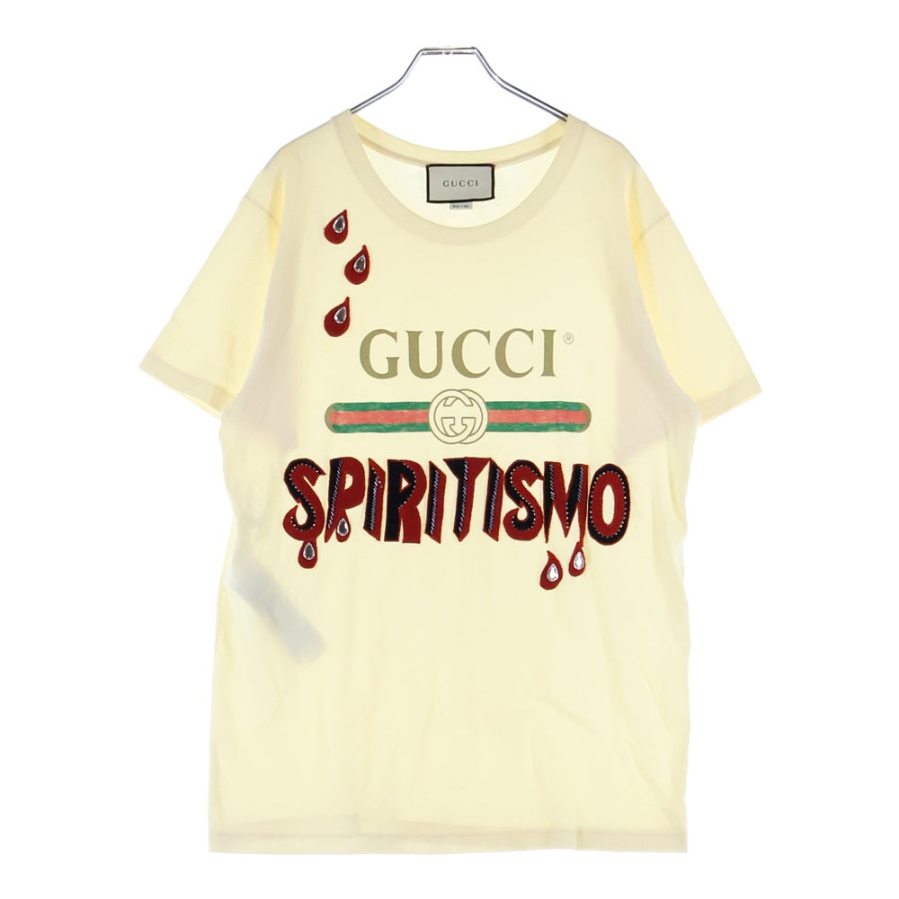 GUCCI(グッチ) SPIRITISMO ビーズ刺繍 ヴィンテージロゴプリント クルーネック 半袖Tシャツ カットソー イエロー 492347 レディース