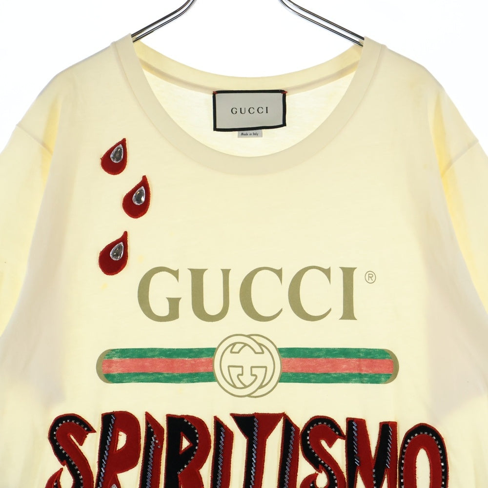 GUCCI(グッチ) SPIRITISMO ビーズ刺繍 ヴィンテージロゴプリント クルーネック 半袖Tシャツ カットソー イエロー 492347 レディース