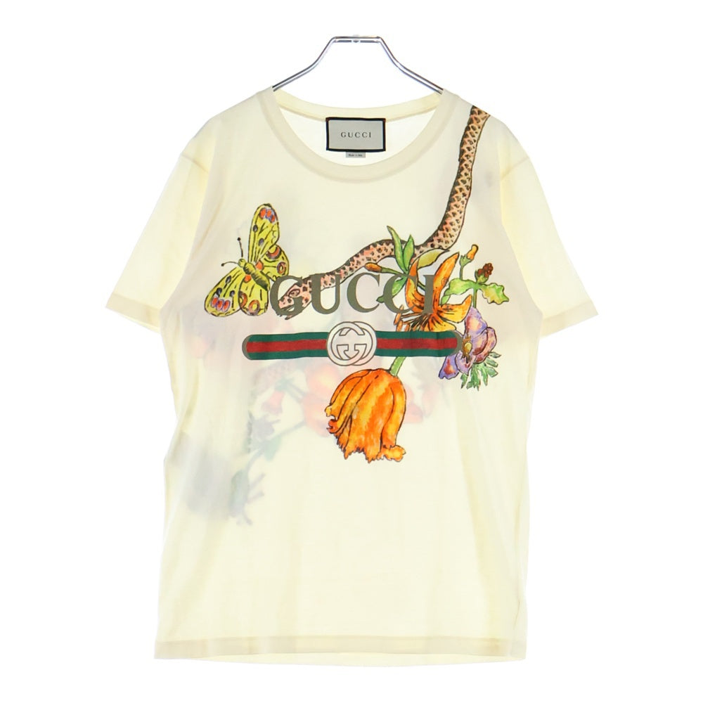 GUCCI(グッチ) ヴィンテージロゴ スネーク フラワー プリント クルーネック 半袖Tシャツ カットソー イエロー 492347