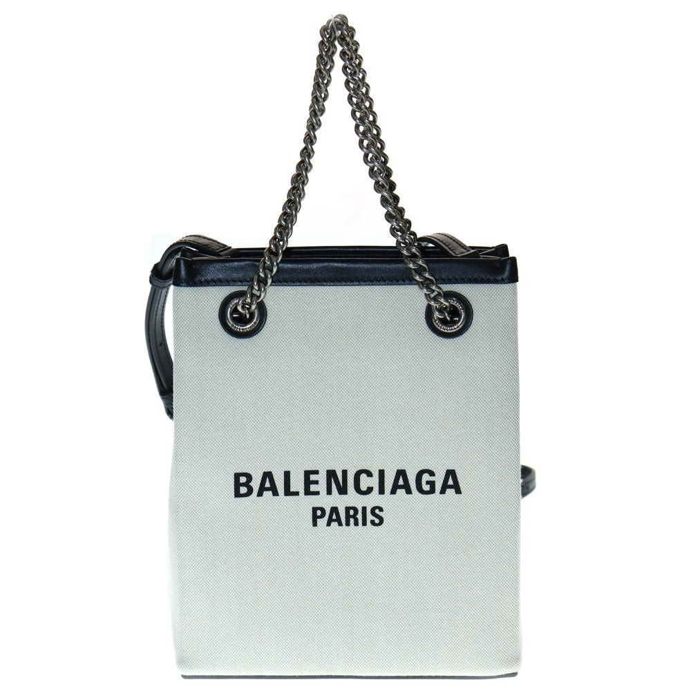 BALENCIAGA(バレンシアガ) デューティフリー フォンホルダー 2WAYバッグ ミニトートバッグ ハンドバッグ ショルダーバッグ ブラック×アイボリー キャンバス×レザー シルバー金具 761303