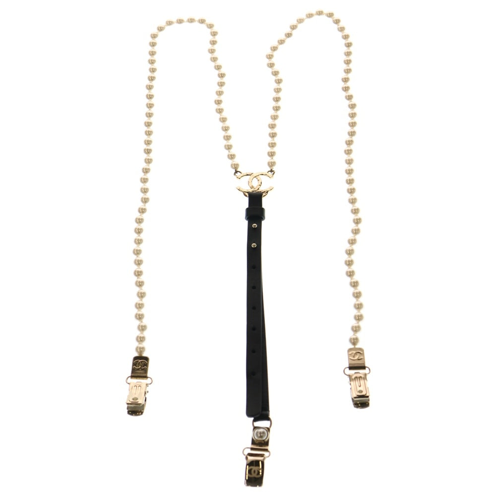 CHANEL(シャネル) ココマーク フェイクパール サスペンダー ブラック×ホワイト A21K ゴールド金具 レディース