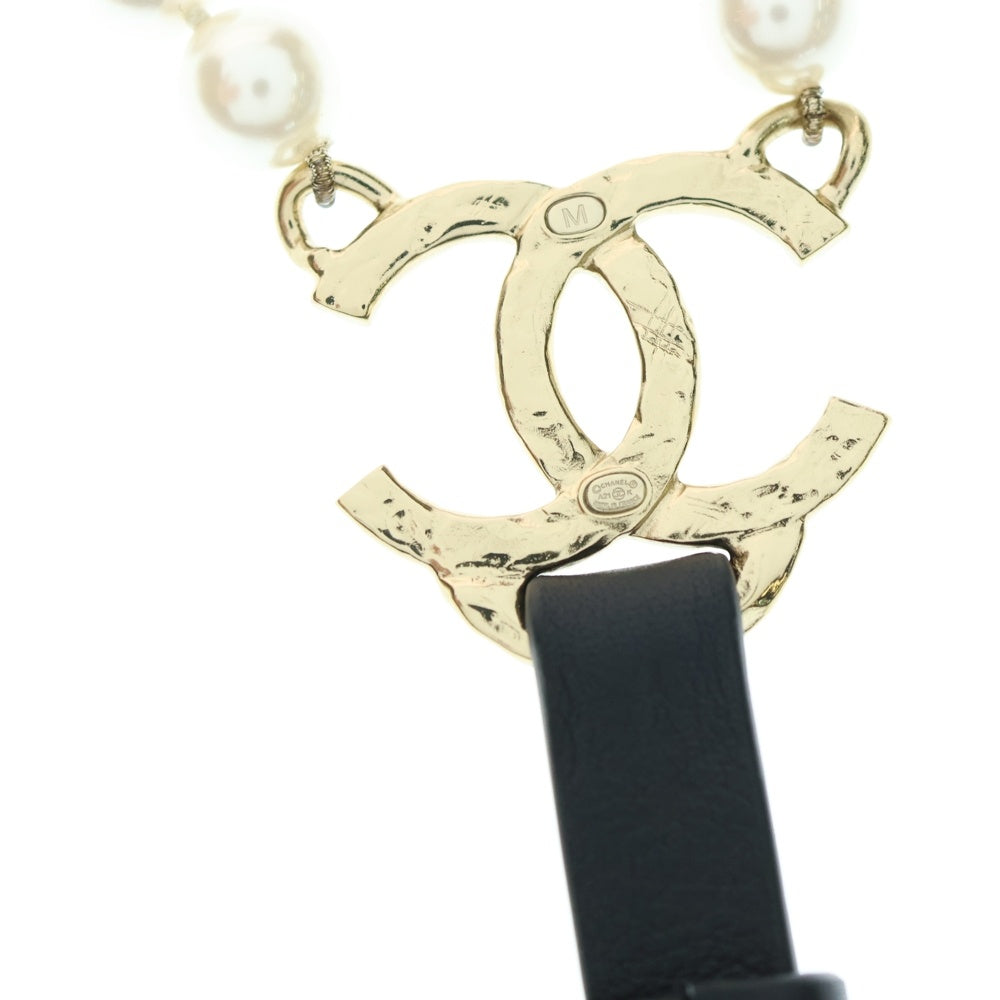 CHANEL(シャネル) ココマーク フェイクパール サスペンダー ブラック×ホワイト A21K ゴールド金具 レディース