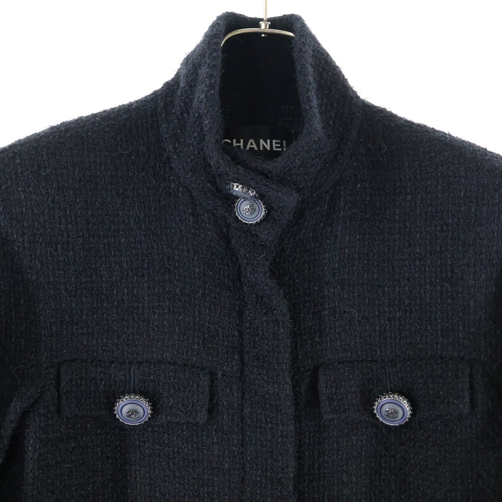 CHANEL(シャネル) ココマーク グリポワボタン ウール ツイード スタンドカラー ジップアップ 比翼 クロップド ショートジャケット ブラック レディース P62026V19676