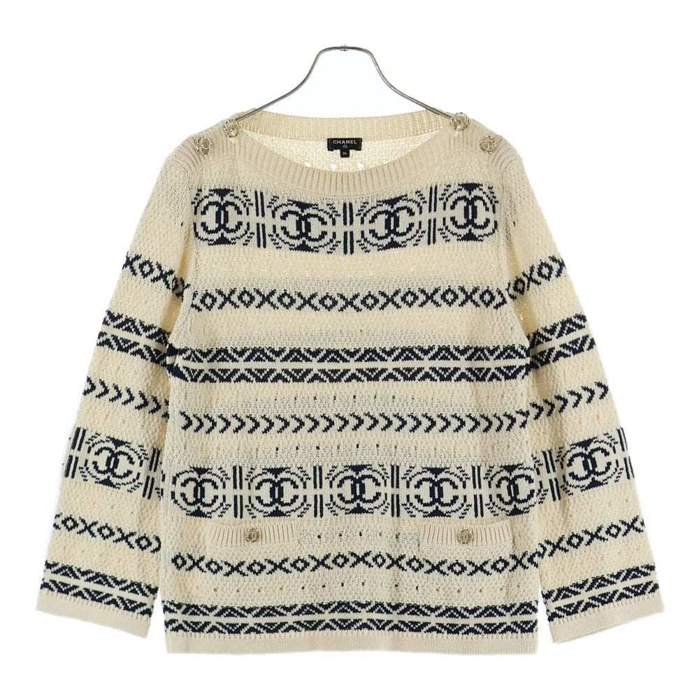 CHANEL(シャネル) 20P スプリングコレクション ココマークボタン コットン ペーパー プルオーバー 長袖 ニット セーター ホワイト/ネイビー レディース P63046K48844