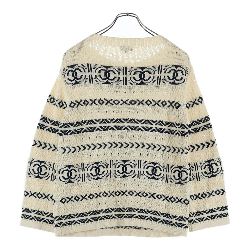 CHANEL(シャネル) 20P スプリングコレクション ココマークボタン コットン ペーパー プルオーバー 長袖 ニット セーター ホワイト/ネイビー レディース P63046K48844