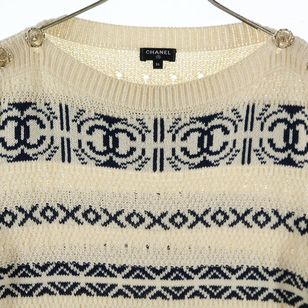 CHANEL(シャネル) 20P スプリングコレクション ココマークボタン コットン ペーパー プルオーバー 長袖 ニット セーター ホワイト/ネイビー レディース P63046K48844