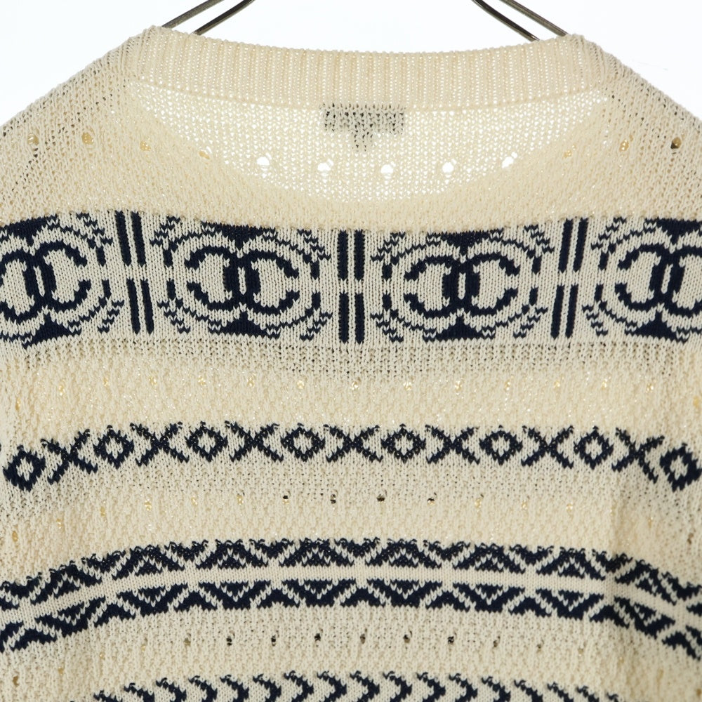 CHANEL(シャネル) 20P スプリングコレクション ココマークボタン コットン ペーパー プルオーバー 長袖 ニット セーター ホワイト/ネイビー レディース P63046K48844