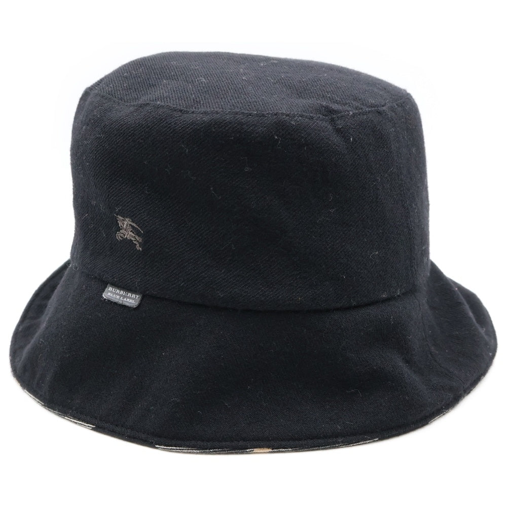 BURBERRY BLUE LABEL(バーバリーブルーレーベル) ロゴ刺繍 バーバリーチェックリバーシブルバケットハット 帽子 ブラック/ベージュ