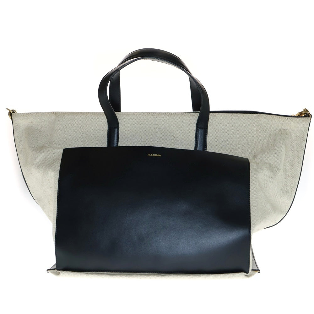 JIL SANDER(ジルサンダー) ワンダースクエア 2WAYバッグ トートバッグ ハンドバッグ ショルダーバッグ キャンバス×レザー アイボリー×ブラック ゴールド金具