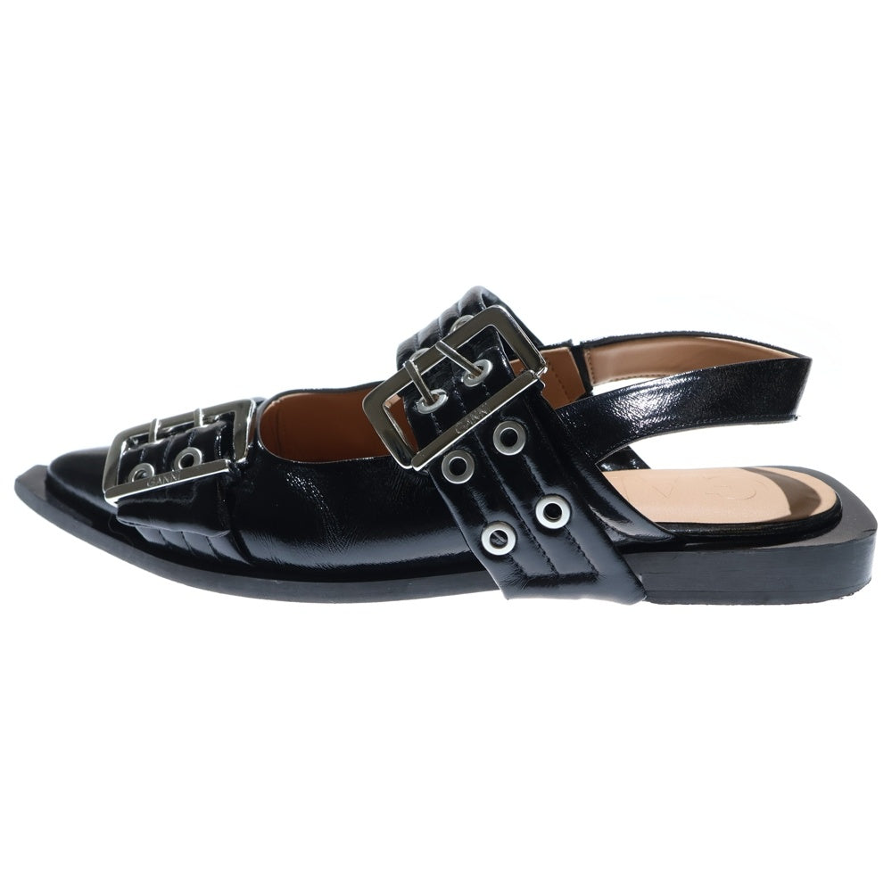 GANNI(ガニー) バックル フラットパンプス アイレットベルト ストラップ ローカットシューズ ブラック レディース