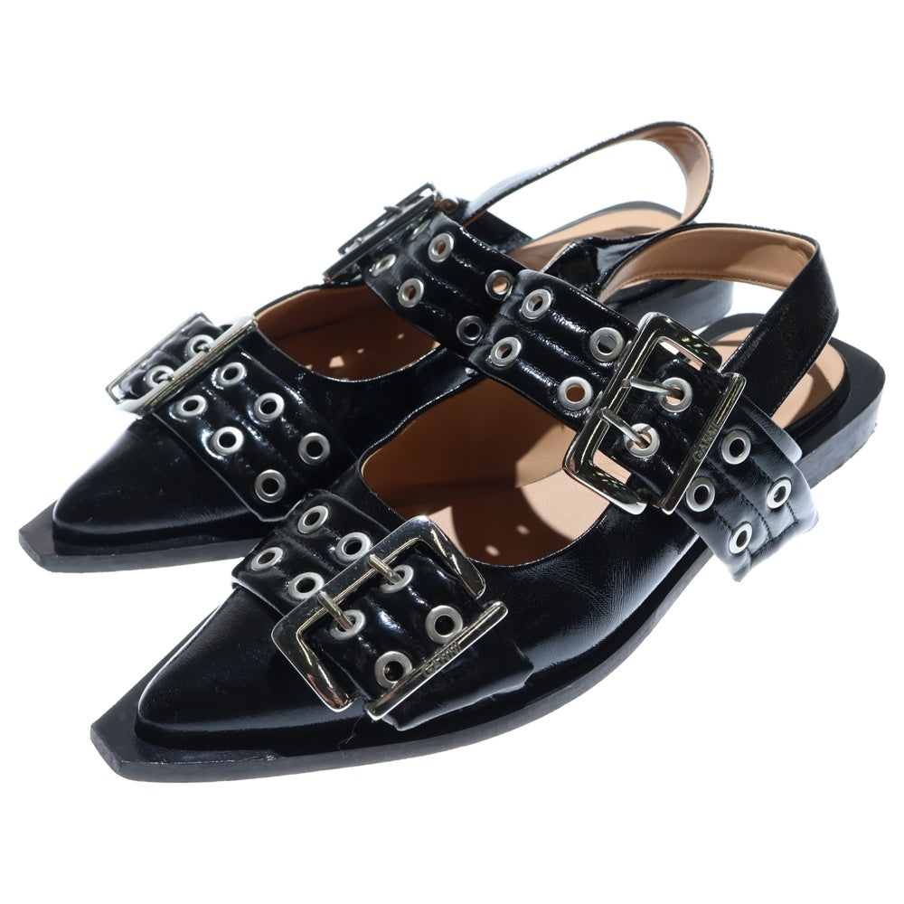 GANNI(ガニー) バックル フラットパンプス アイレットベルト ストラップ ローカットシューズ ブラック レディース