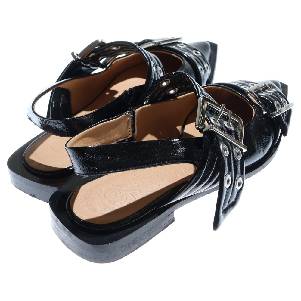 GANNI(ガニー) バックル フラットパンプス アイレットベルト ストラップ ローカットシューズ ブラック レディース
