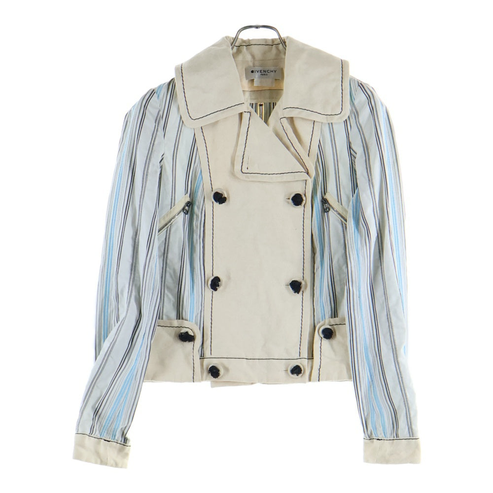 GIVENCHY(ジバンシィ) ストライプ柄切り替え バックジップ ダブルブレスト ショート トレンチ ジャケット コート ベージュ/ライトブルー レディース