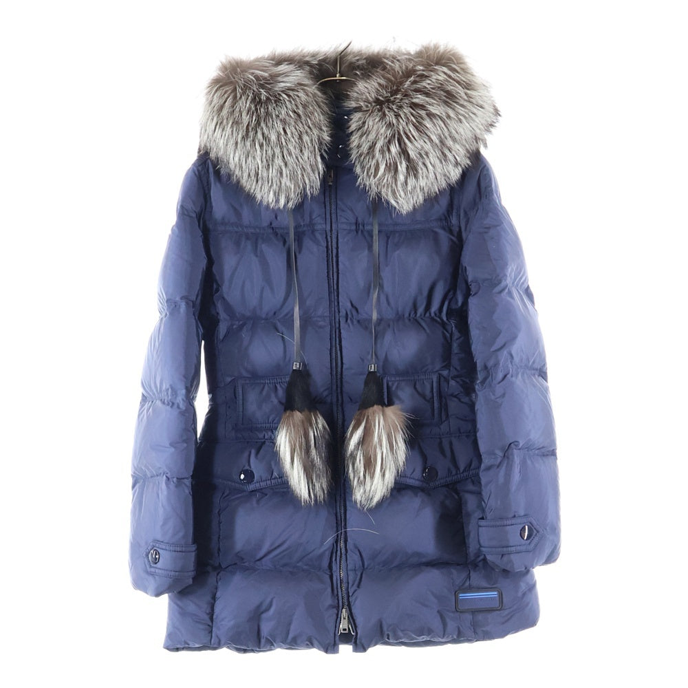 PRADA(プラダ) ラバーワッペンロゴ タッセル フーデッド ジップアップ ダウン ロング ジャケット コート ネイビー レディース 291277