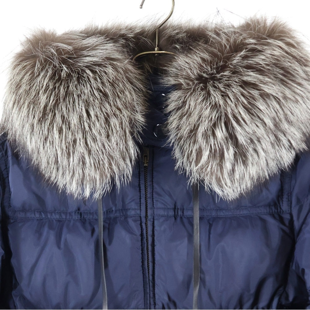 PRADA(プラダ) ラバーワッペンロゴ タッセル フーデッド ジップアップ ダウン ロング ジャケット コート ネイビー レディース 291277