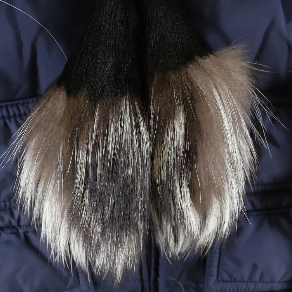 PRADA(プラダ) ラバーワッペンロゴ タッセル フーデッド ジップアップ ダウン ロング ジャケット コート ネイビー レディース 291277