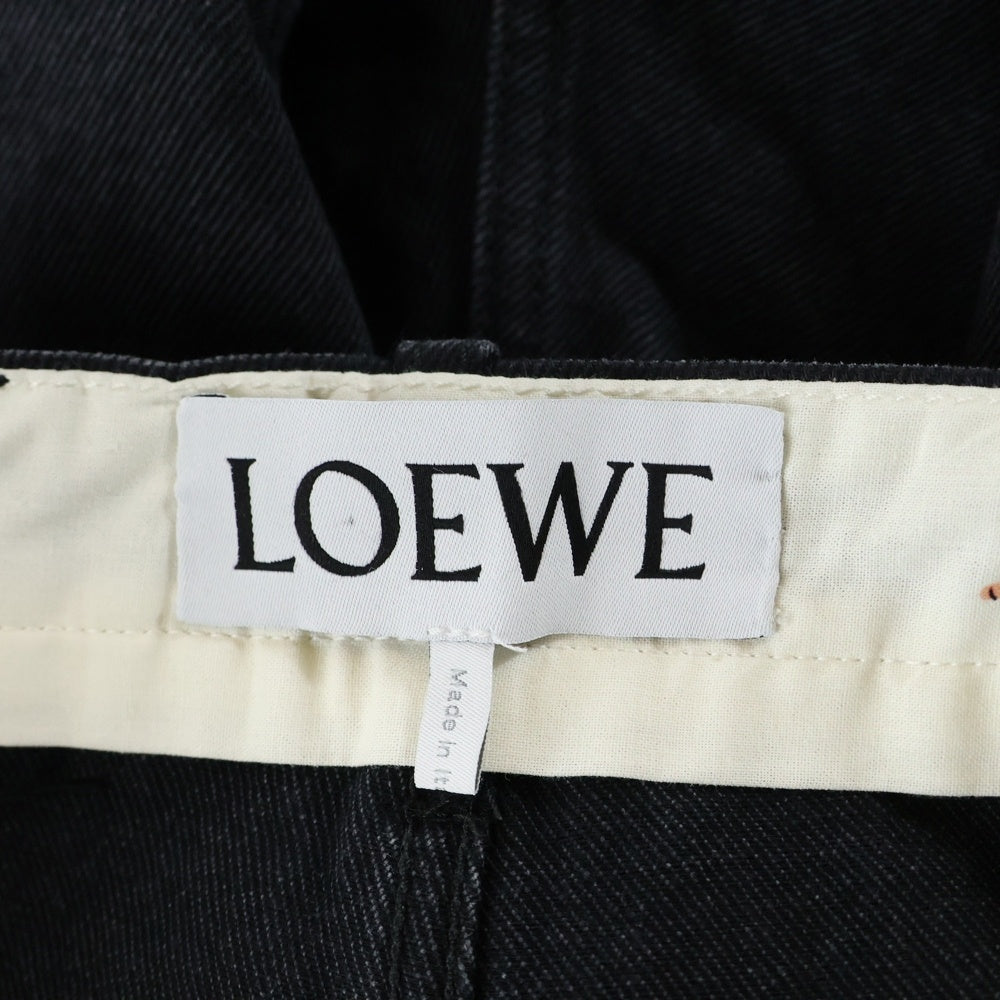 LOEWE(ロエベ) ×Suna Fujita スナフジタ ウォッシュ加工 ロールアップ レザーパッチ ワイドストレート デニムパンツ ジーンズ ブラック H526Y11X74
