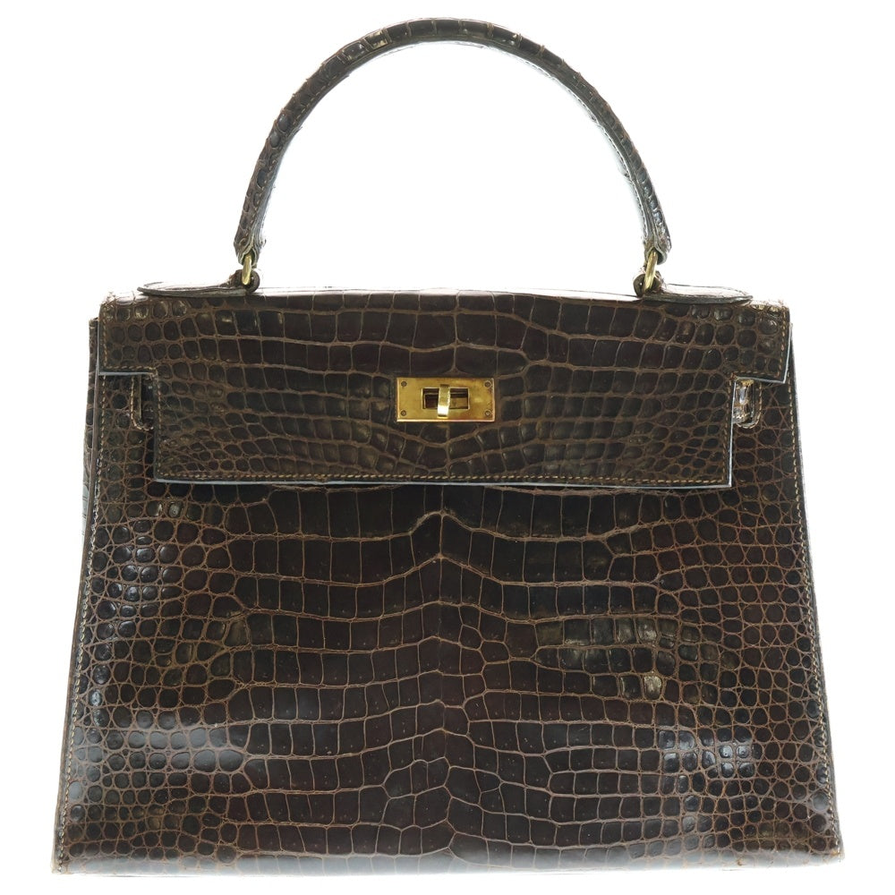 HERMES(エルメス) ケリー28 ハンドバッグ ブラウン系 クロコ ゴールド金具