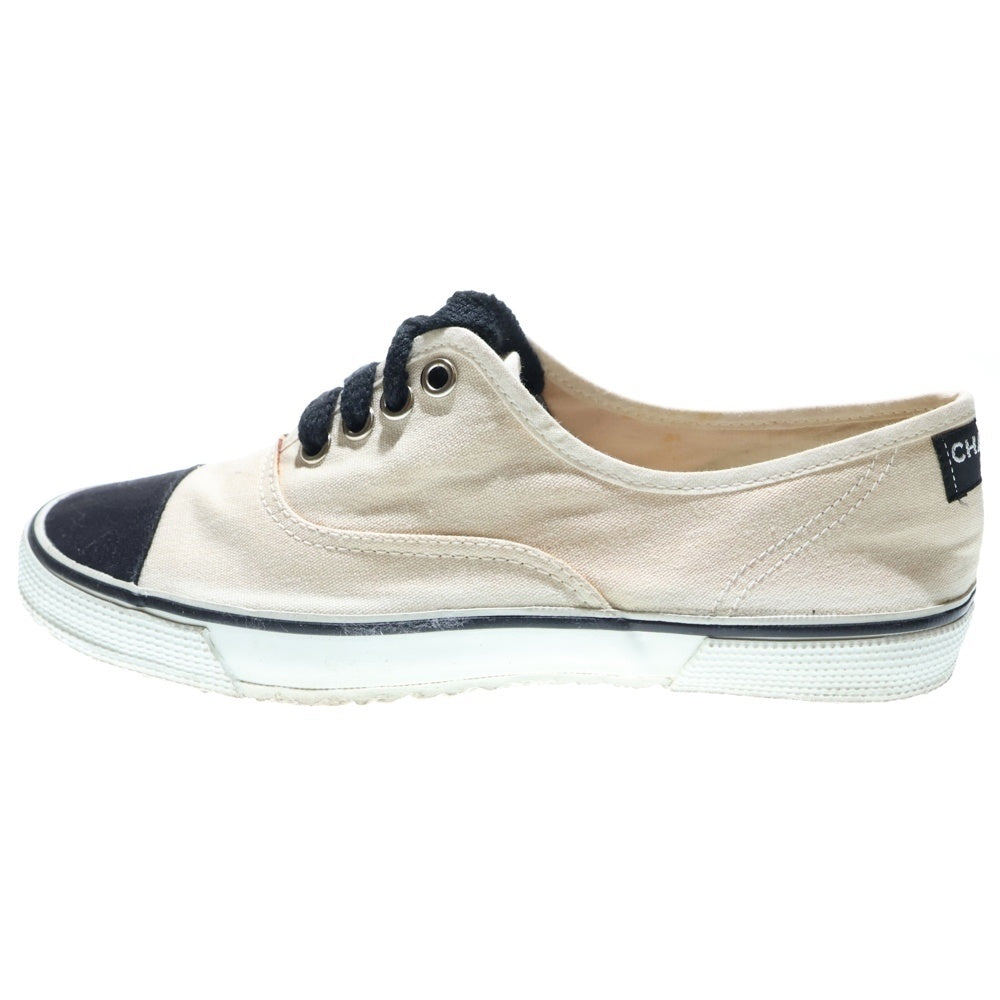 CHANEL(シャネル) ヒールロゴ キャンバス レースアップ ローカットシューズ スニーカー ベージュ/ブラック レディース