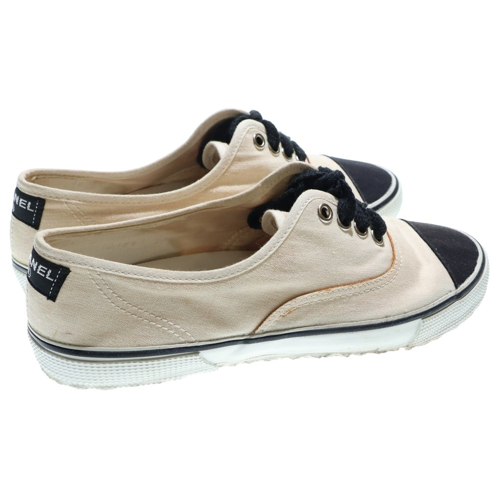 CHANEL(シャネル) ヒールロゴ キャンバス レースアップ ローカットシューズ スニーカー ベージュ/ブラック レディース