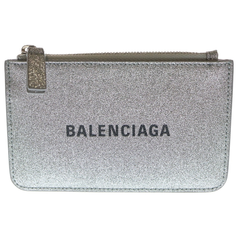 BALENCIAGA(バレンシアガ) ロゴ コインケース カードケース バッグチャーム グリッター シルバー レザー 581306 シルバー金具 レディース