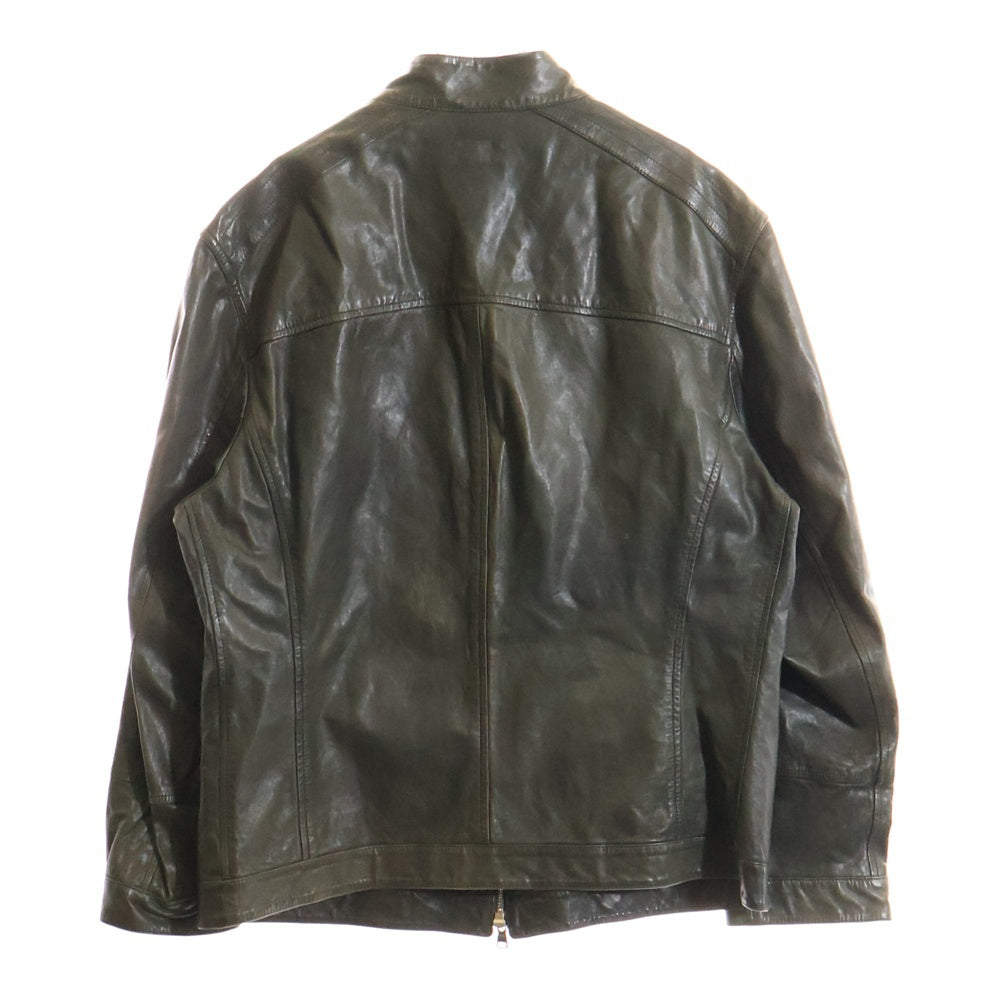 BRUNELLO CUCINELLI(ブルネロクチネリ) レザー スタンドカラー ジップアップ マルチポケット シングルライダース ジャケット カーキ