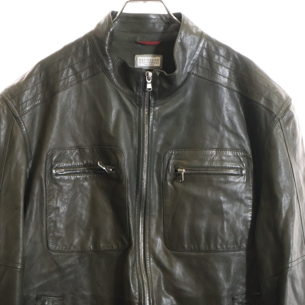 BRUNELLO CUCINELLI(ブルネロクチネリ) レザー スタンドカラー ジップアップ マルチポケット シングルライダース ジャケット カーキ