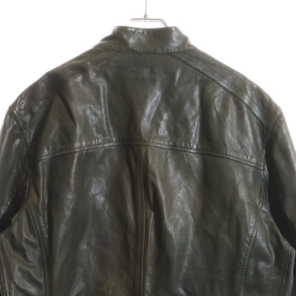 BRUNELLO CUCINELLI(ブルネロクチネリ) レザー スタンドカラー ジップアップ マルチポケット シングルライダース ジャケット カーキ