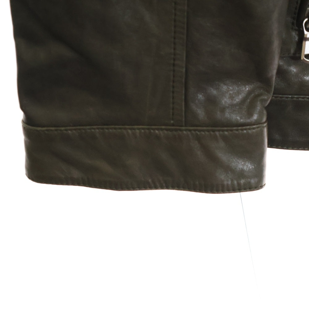 BRUNELLO CUCINELLI(ブルネロクチネリ) レザー スタンドカラー ジップアップ マルチポケット シングルライダース ジャケット カーキ