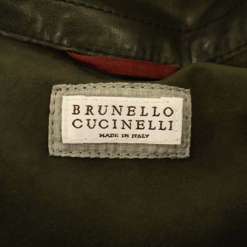 BRUNELLO CUCINELLI(ブルネロクチネリ) レザー スタンドカラー ジップアップ マルチポケット シングルライダース ジャケット カーキ