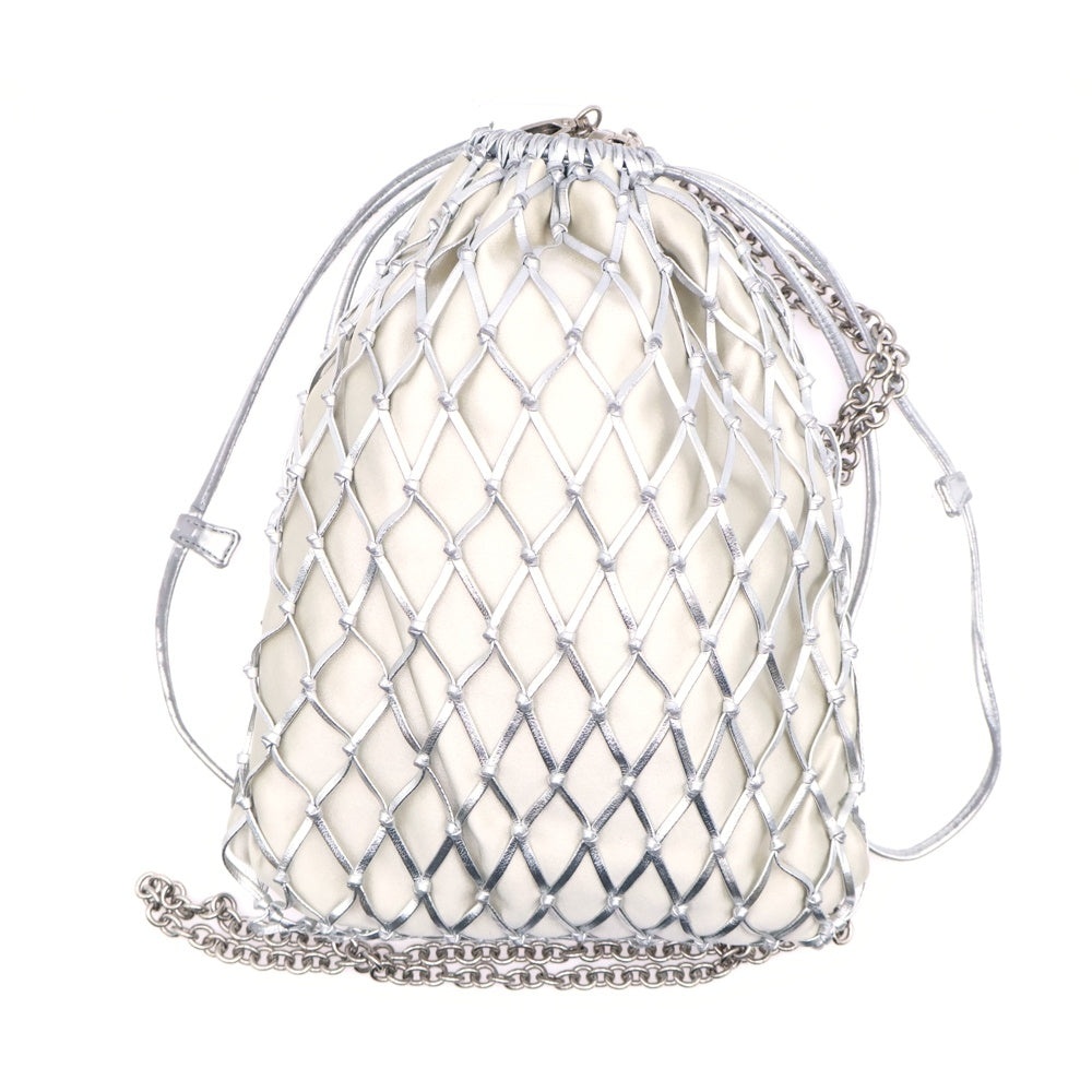 PRADA(プラダ) メッシュ ショルダーポーチ 巾着バッグ チェーンバッグ シルバー レザー 1BC075 シルバー金具
