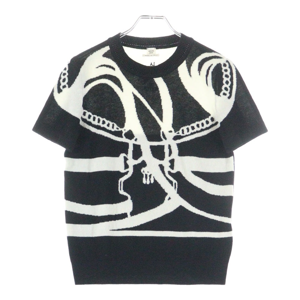 HERMES(エルメス) La Promenade du Matin 朝の散歩 クルーネックカシミヤ半袖ニットセーター ブラック/ホワイト 27-7706