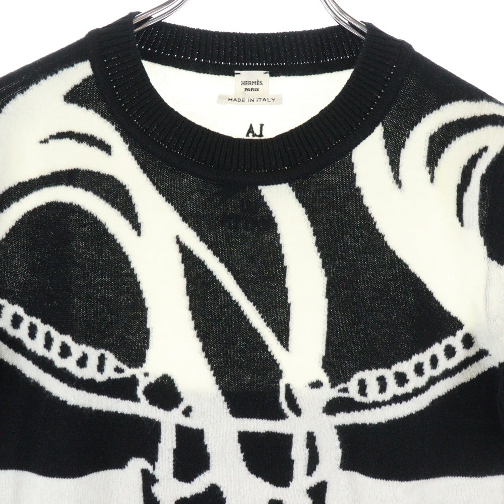 HERMES(エルメス) La Promenade du Matin 朝の散歩 クルーネックカシミヤ半袖ニットセーター ブラック/ホワイト 27-7706