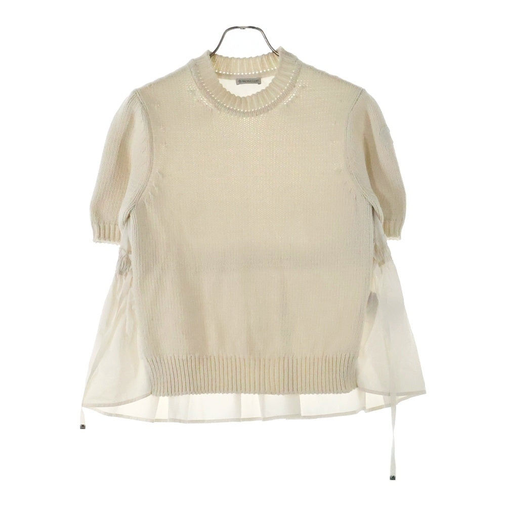 MONCLER(モンクレール) 21SS ワッペンロゴ ブロード切り替え コットン クルーネック プルオーバー 半袖ニット セーター ホワイト レディース G10939C76200 V9162