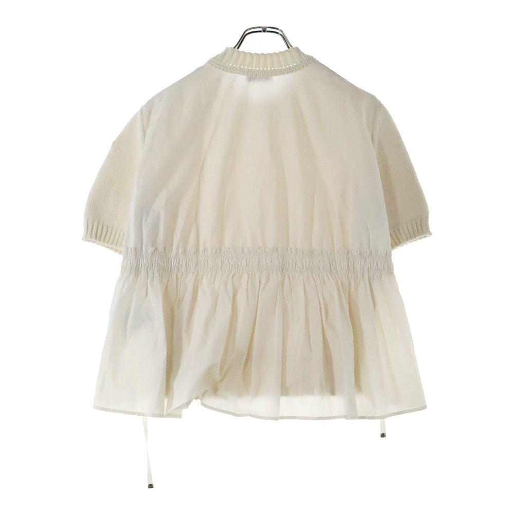 MONCLER(モンクレール) 21SS ワッペンロゴ ブロード切り替え コットン クルーネック プルオーバー 半袖ニット セーター ホワイト レディース G10939C76200 V9162