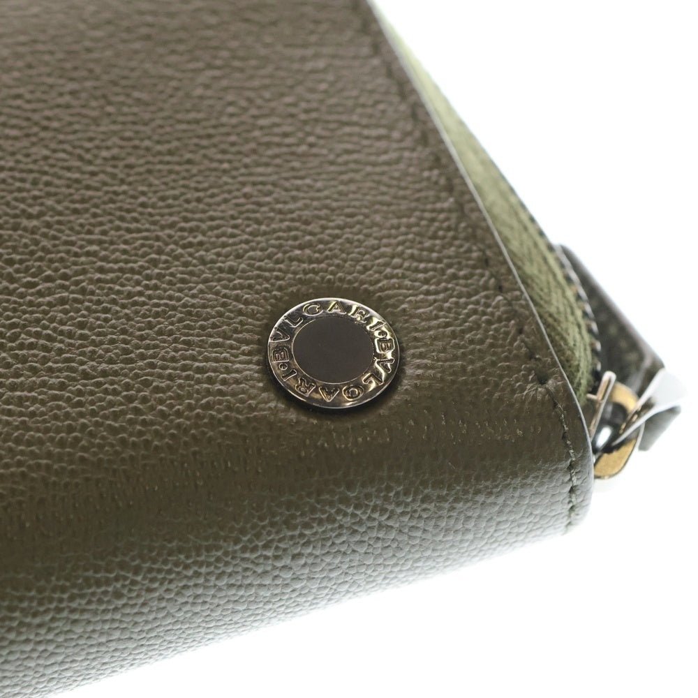 BVLGARI(ブルガリ) ブルガリブルガリ マン ラウンドファスナー ジップ ロングウォレット 長財布 シルバー金具 カーキ