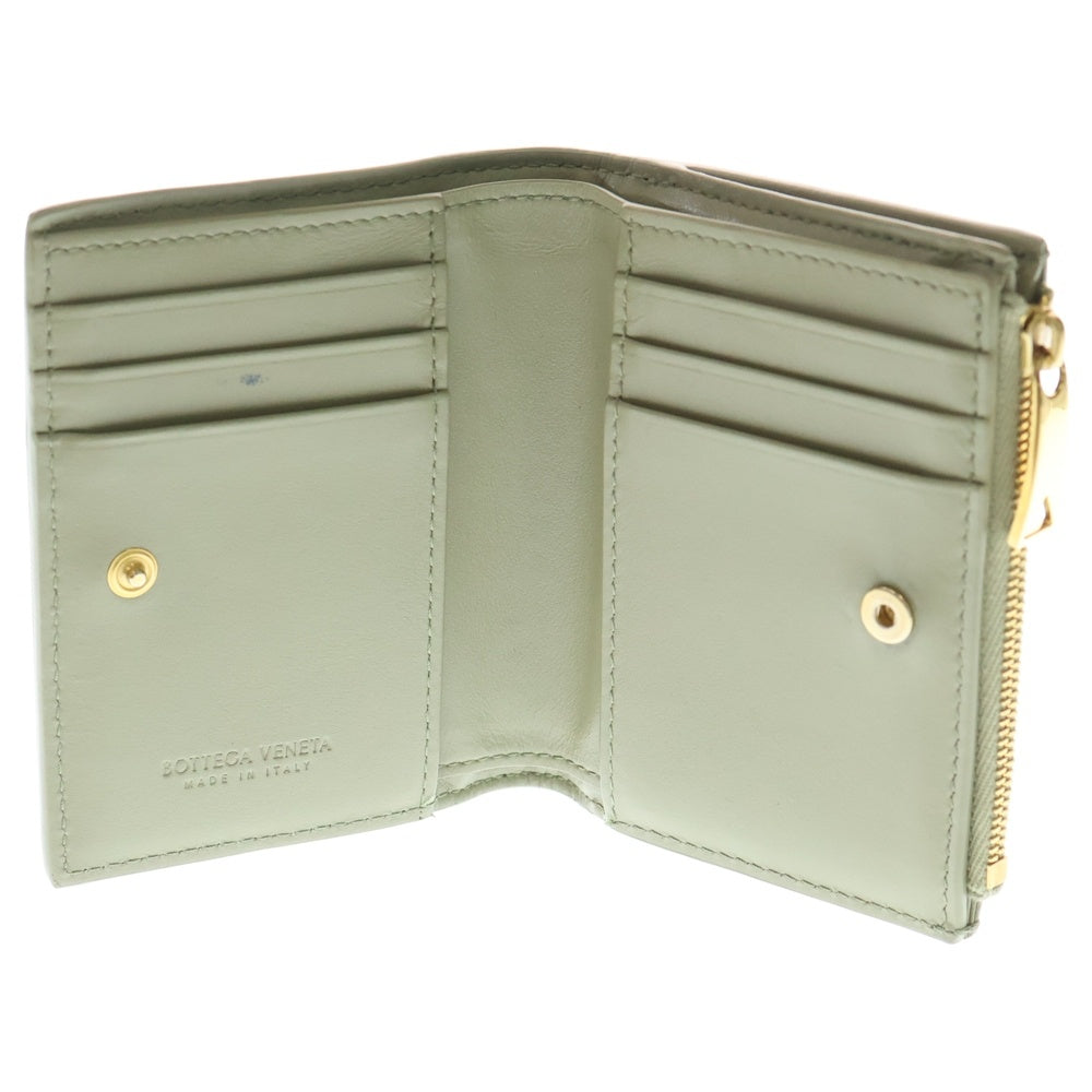 BOTTEGA VENETA(ボッテガヴェネタ) マキシイントレチャート カセット コンパクトウォレット 二つ折り財布 コインケース ライトグリーン レザー ゴールド金具