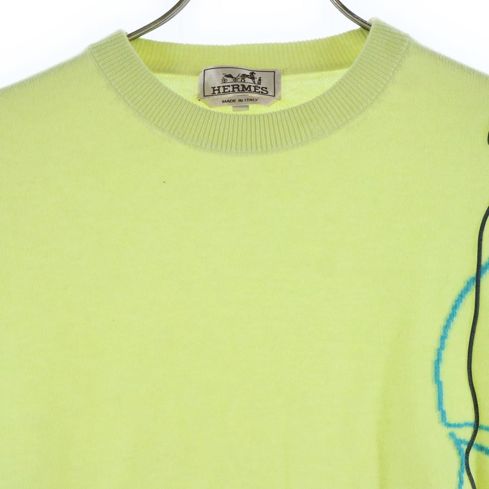 HERMES(エルメス) レザーコード刺繍 クルーネック プルオーバー 長袖ニット セーター ライトグリーン